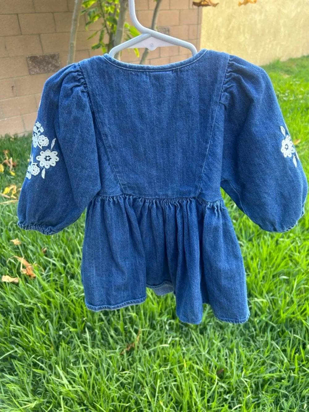 Old Navy Blue Denim Girls' Embroidered Sleeve Peasant Dress